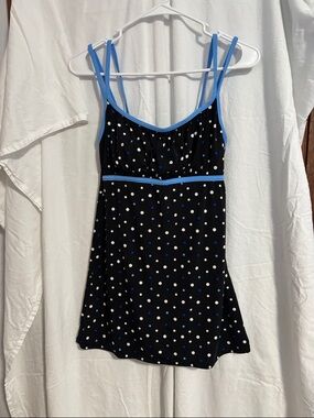 Catalina Black Polka Dot One-Piece Swimdress with Blue Trim